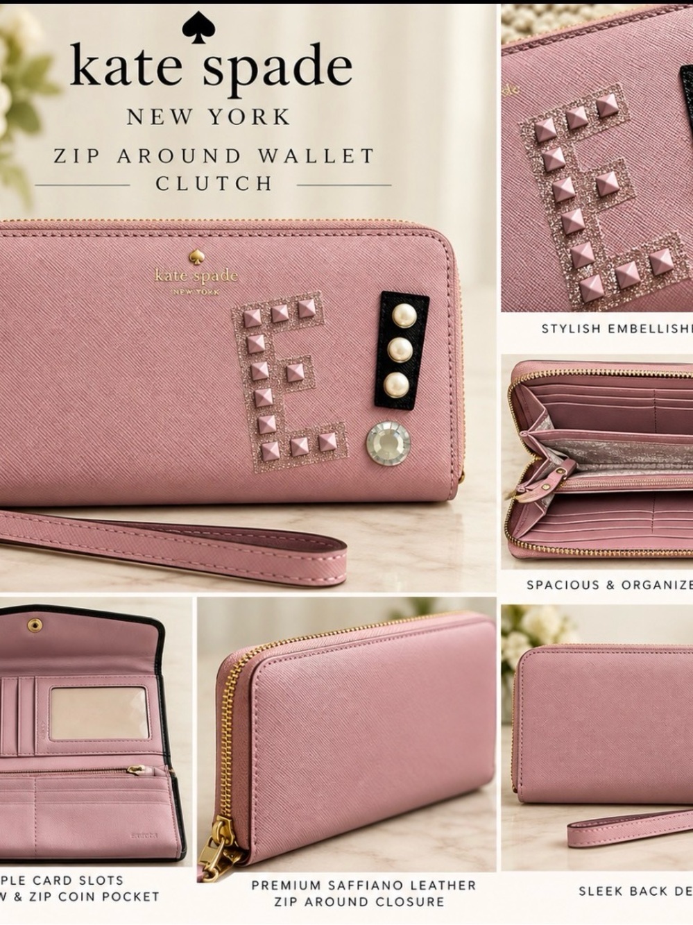 Kate Spade Pink Saffiano Zip-Around Wallet Clutch with Stud & Pearl Accents